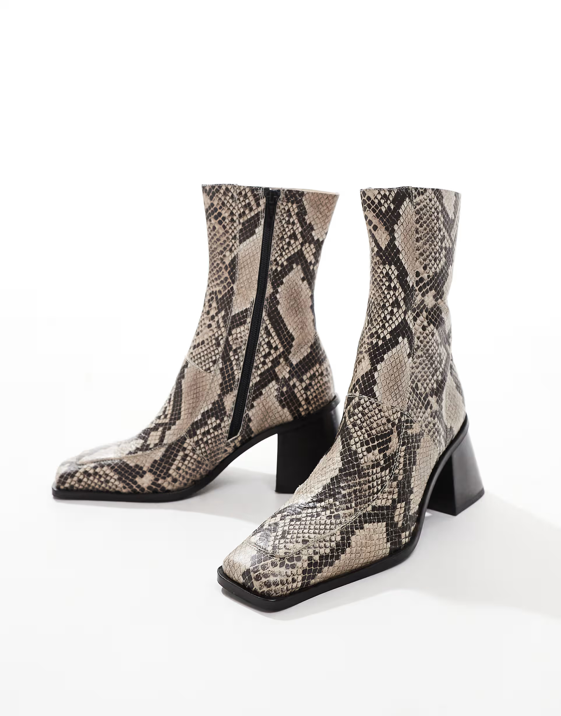 ASOS DESIGN Ria mid-heel leather boots in natural snake | ASOS (Global)