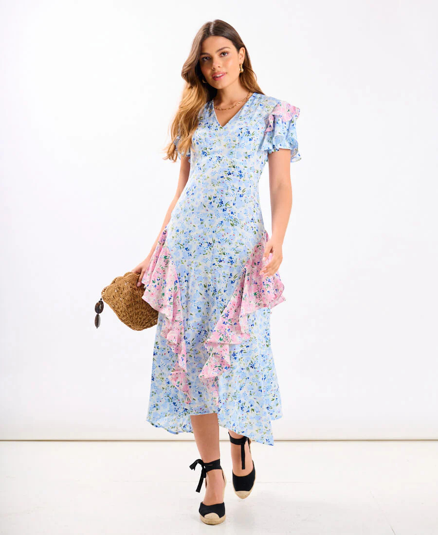 Blue Ditsy Floral Ruffle Midi Dress | Needs No Label