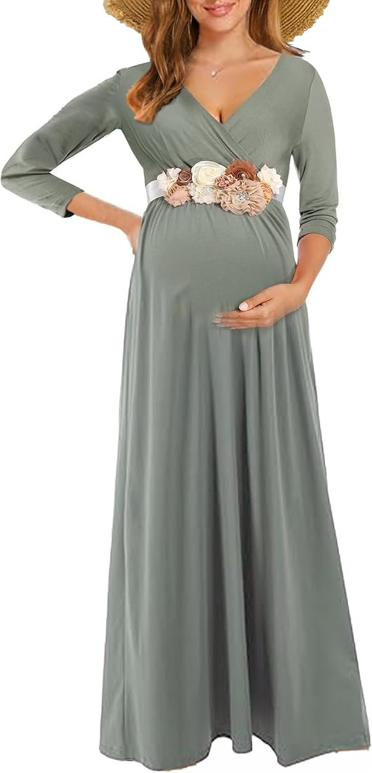 KIM S Maternity Maxi Dress with Flower Sash(S-3XL)/Wrapped Ruched V Neck Photoshoot Baby Shower D... | Amazon (US)