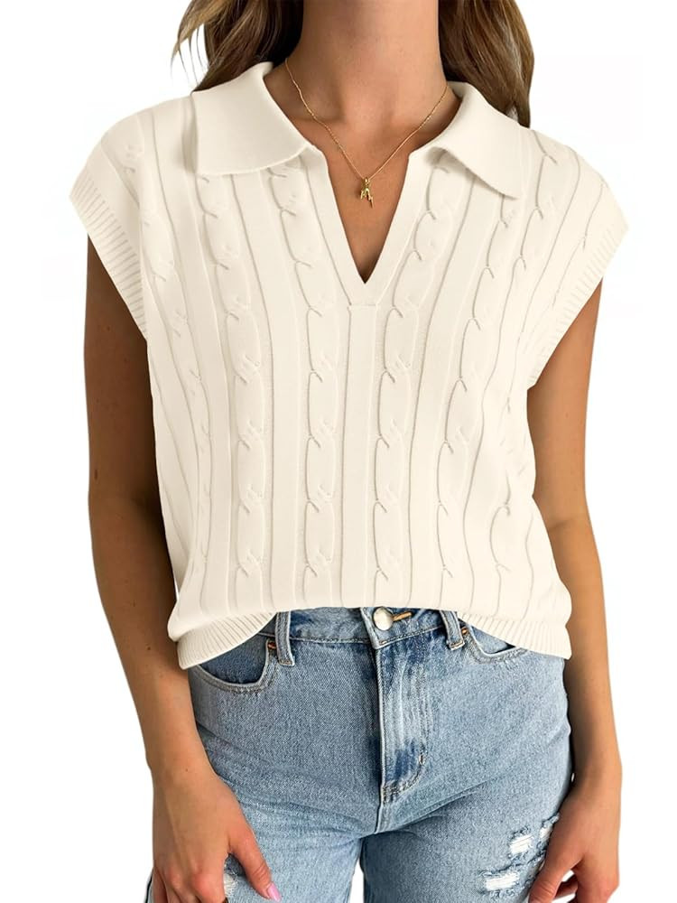 Saodimallsu Womens V Neck Polo Sweater Vest Cable Knit Cap Sleeve Spring Summer Casual Loose Pull... | Amazon (US)