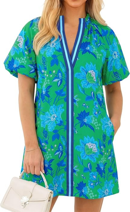 Wenrine Womens Summer Dresses Casual Floral Puff Sleeve V Neck Boho Loose Beach Mini Dress with P... | Amazon (US)