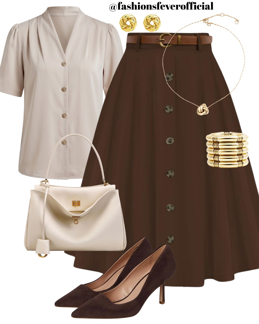 spring outfits 2026

Effortless Office Chic: The Perfect Spring Workwear 
Upgrade your 9-to-5 wardrobe with this sophisticated, earth-toned ensemble. This look combines timeless silhouettes with a modern, airy feel, perfect for transitioning into the warmer spring months while staying office-appropriate.
The Details:
• The Top: A silky, champagne-toned short-sleeve blouse with delicate button detailing. The slight sheen adds a touch of luxury to a classic workday staple.
• The Skirt: A high-waisted, chocolate brown midi skirt with a flattering button-front design. Its A-line cut provides beautiful movement and a modest, professional length.
• The Accessories: We’re keeping it classic with gold hardware. A thin leather belt cinches the waist, paired with stacked gold bangles and a minimalist pendant necklace for just the right amount of sparkle.
• The Finishing Touches: A structured cream top-handle bag and rich espresso suede pumps tie the whole look together.
Style Tip: Swap the pumps for pointed-toe flats if you’re on the go, or add a tailored cream blazer for those extra-chilly office AC days!
Shop the look by clicking the link in my bio! #LTKworkwear #OfficeInspo #SpringStyle #CorporateChic #BusinessCasual #LTKStyletip #LTKFashion

#LTKootd #LTKSeasonal
