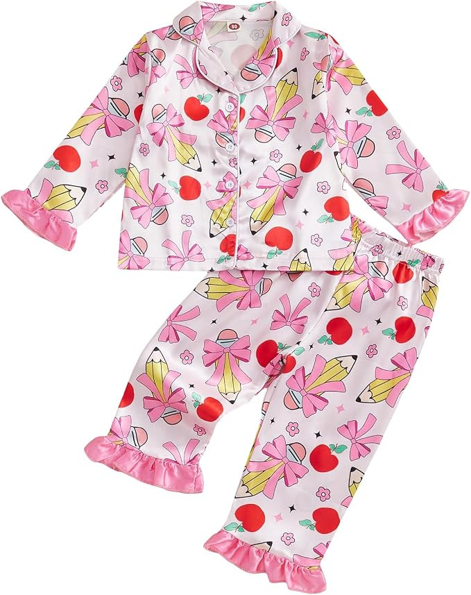 Kavousa Toddler Girl Back to School Silk Pajamas Short Sleeve Apple Pencil Bow Print Shirt+Shorts... | Amazon (US)