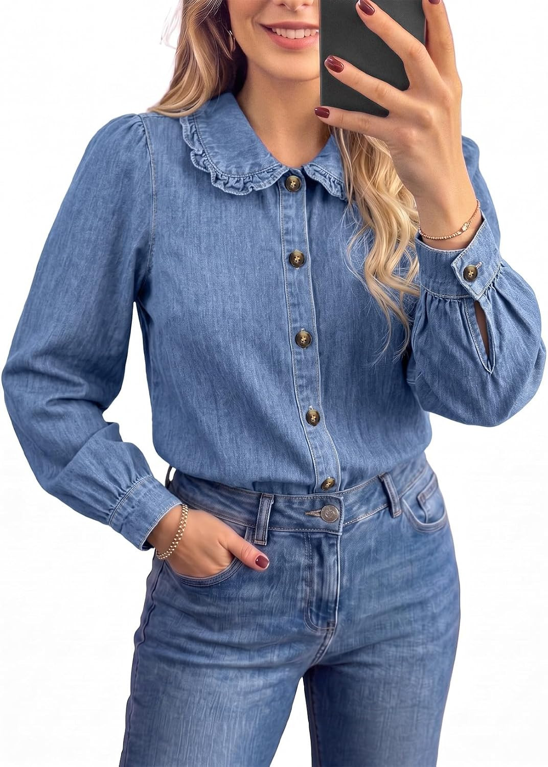 Sidefeel Womens Long Sleeve Peter Pan Collar Denim Shirt | Amazon (US)