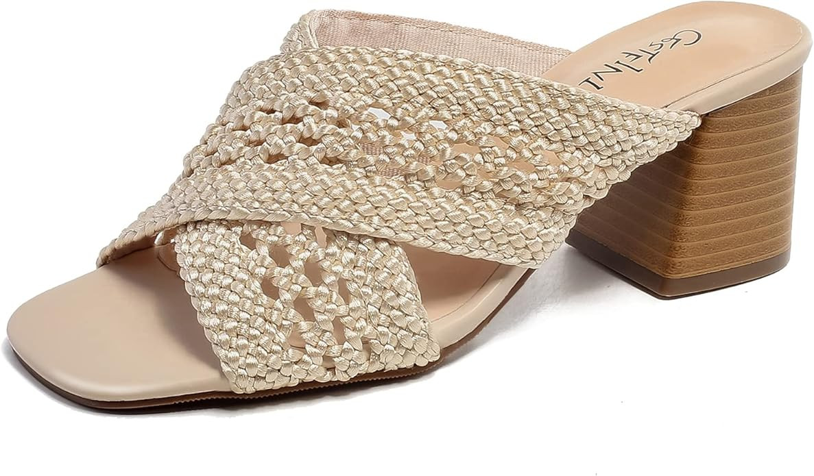 Cestfini Women's Heeled Sandals Braided Chunky Heels Square Open Toe Mules Backless Block Heels S... | Amazon (US)