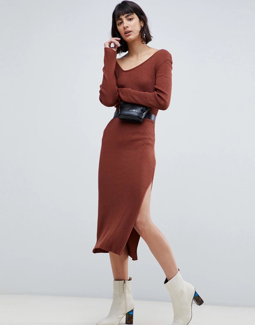 ASOS DESIGN knit rib midi dress with asymmetric neck-Red | ASOS (Global)