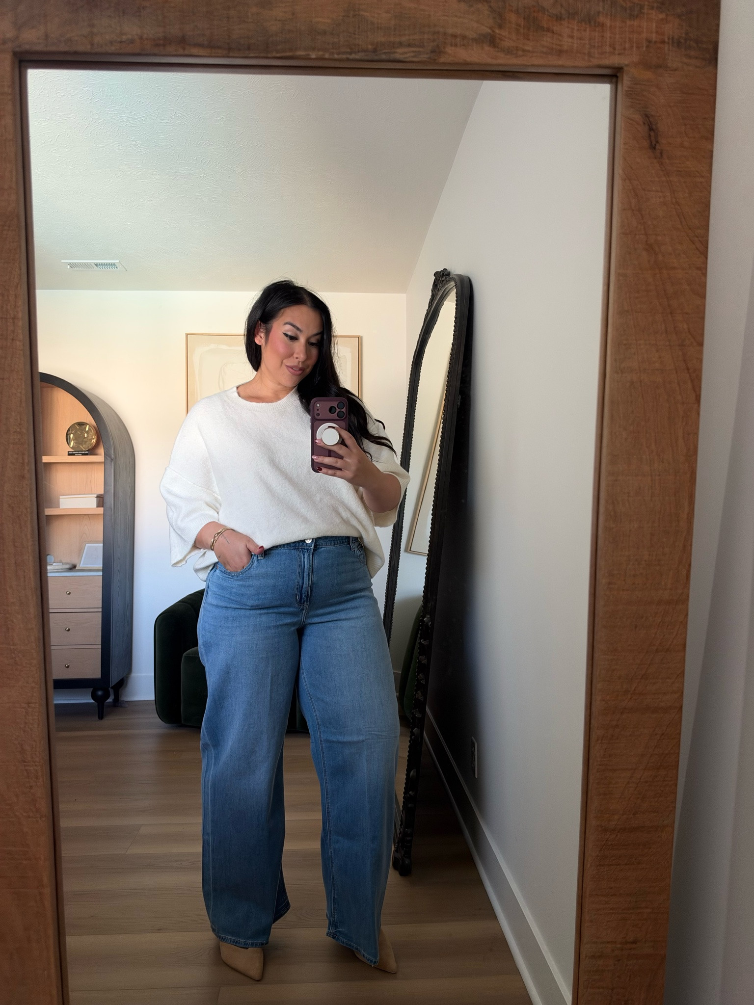 These are probably my favorite jeans from American Eagle! They are super high rise, lightweight, and flattering. This sweater I paired it with is the perfect transitional piece for the fall! You can dress it up and dress it down which I love. Wearing a 16 long on bottom and an XL on top. Midsize, midsize fashion, fall, fall fashion, american eagle 

 #LTKootd #LTKMidsize