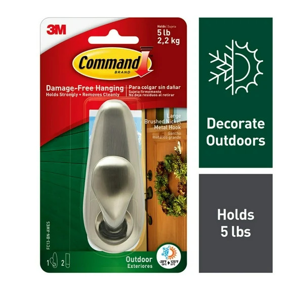 Command Outdoor Hook, Large, Brushed Nickel, 1 Wall Hook, 2 Strips/Pack | Walmart (US)