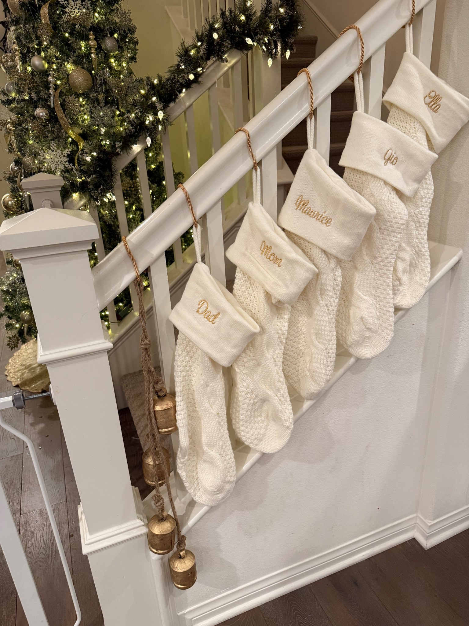 Finally all decorated for Christmas 🎄 loving the white and gold stocking situation ✨ Stockings are on sale for 50% off right now making them $20 with personalization! Color is ivory and stitching is color goldenrod. 

Personalization Mall, Amazon, gold and white Christmas decor, Christmas stockings, Christmas decorations, Christmas bells, silver and gold Christmas decorations 

#LTKHoliday #LTKFindsUnder50 #LTKCyberWeek