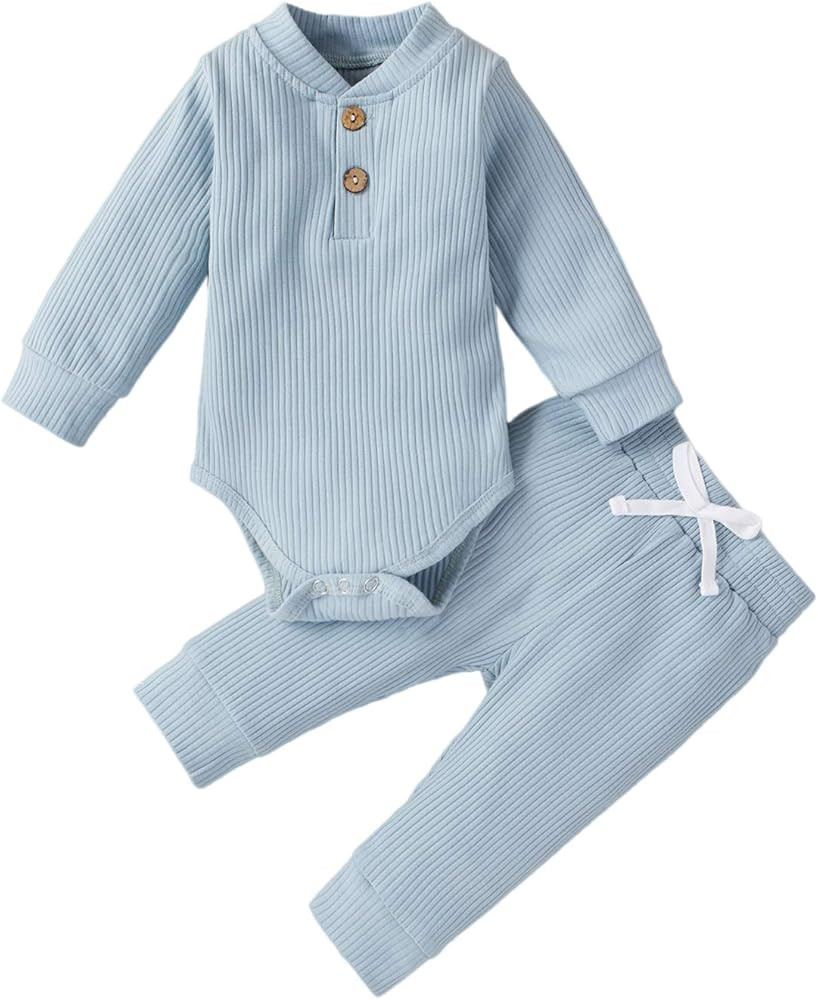Winter Newborn Baby Boy Girl Clothes Set Ribbed Outfits Unisex Infant Solid Cotton Button Long Sleev | Amazon (US)