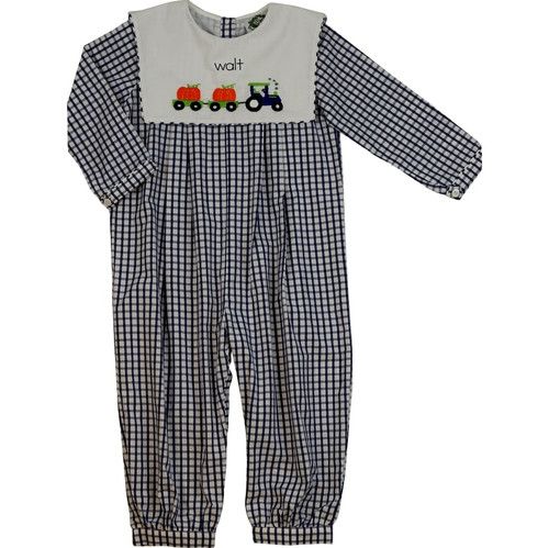 Navy Windowpane Pumpkin Tractor Long Romper | Cecil and Lou