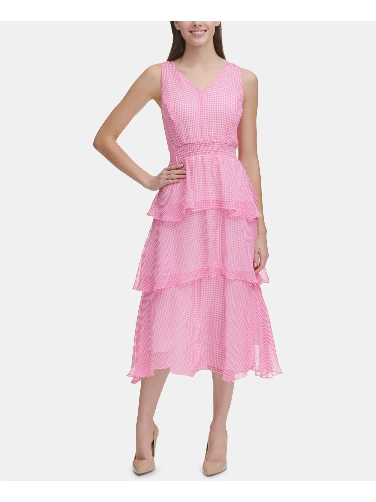 TOMMY HILFIGER Womens Pink Plaid Sleeveless Tea-Length Ruffled Dress Size: 14 | Walmart (US)