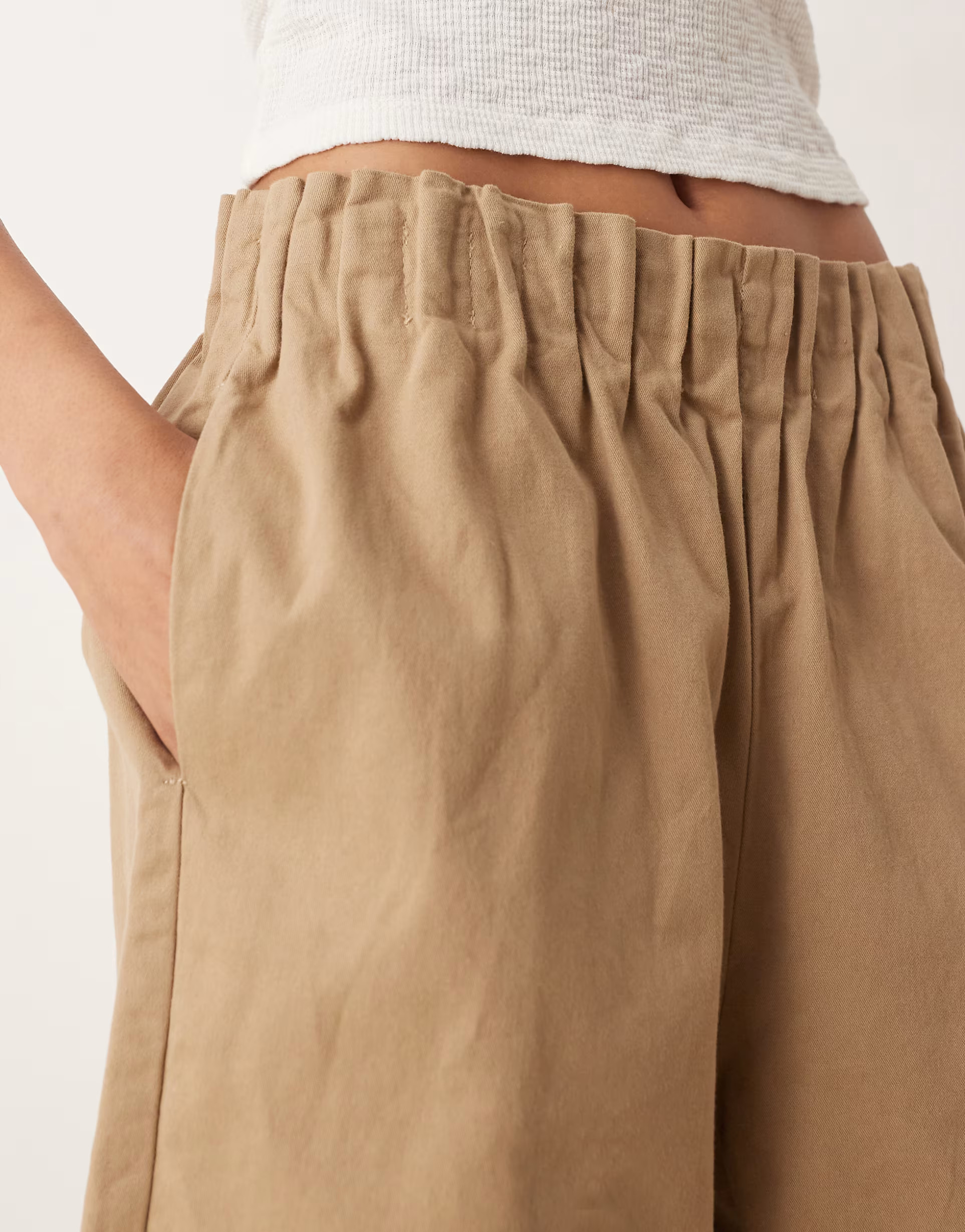 ASOS DESIGN longline shorts with paperbag waist in beige | ASOS (Global)