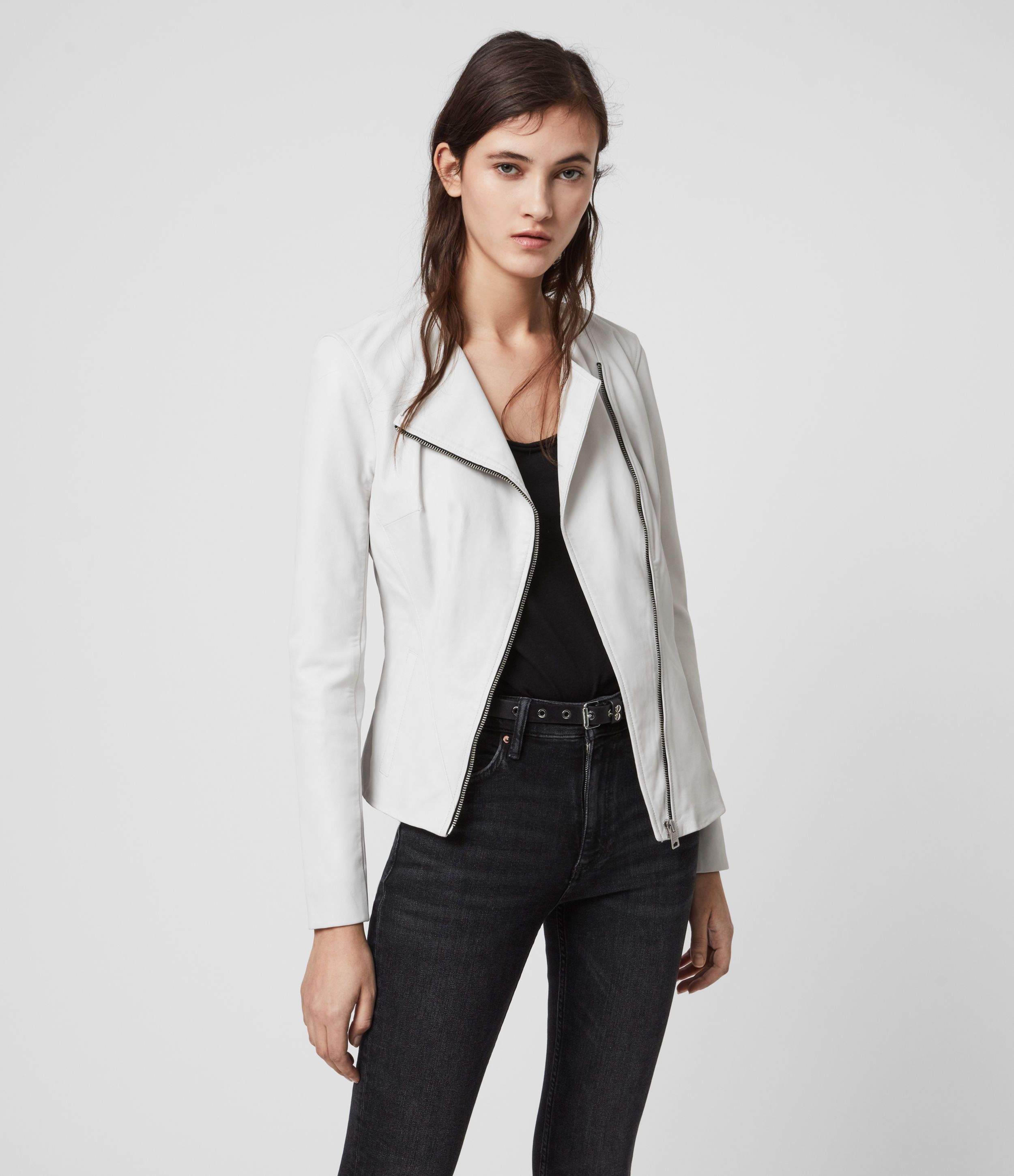 AllSaints Womens Fawn Leather Biker Jacket, White, Size: 8 | AllSaints UK
