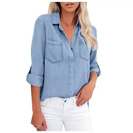 Naiflowers Women s Long Sleeve Collared Shirt Button Down Denim Blouse Tops Chambray Button Down Shi | Walmart (US)