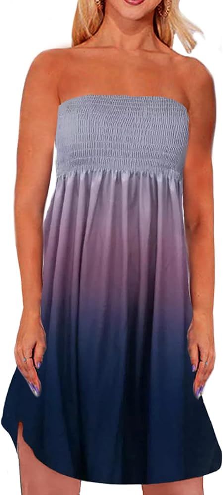 Zyyfly Tube Top Dress Women Summer Beach Coverup Stretch Smocked Strapless Dress | Amazon (US)