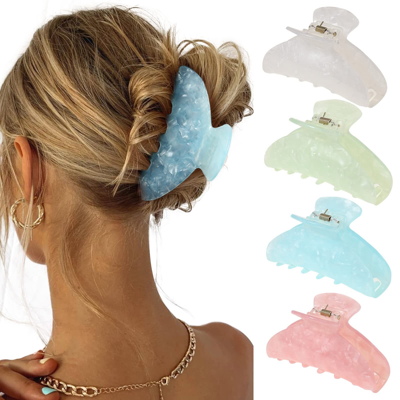 4Pcs Large Acrylic Hair Claw Clips - Hair Clips with Strong Hold for Thick Hair, Non-slip Banana ... | Amazon (US)