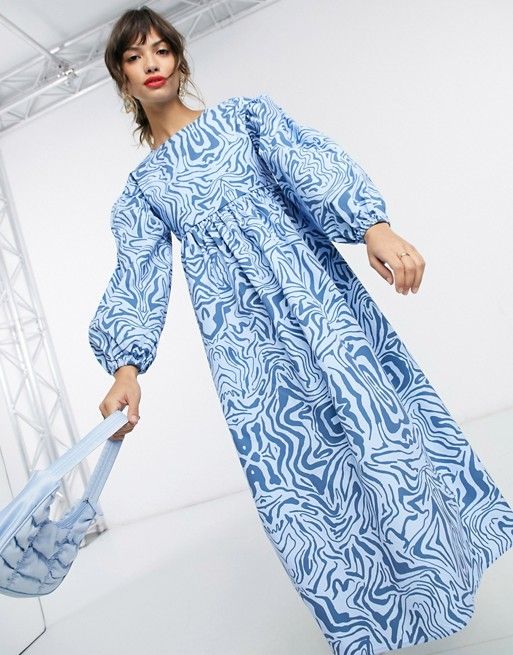 Ghospell backless midi smock dress in blue marble print | ASOS (Global)