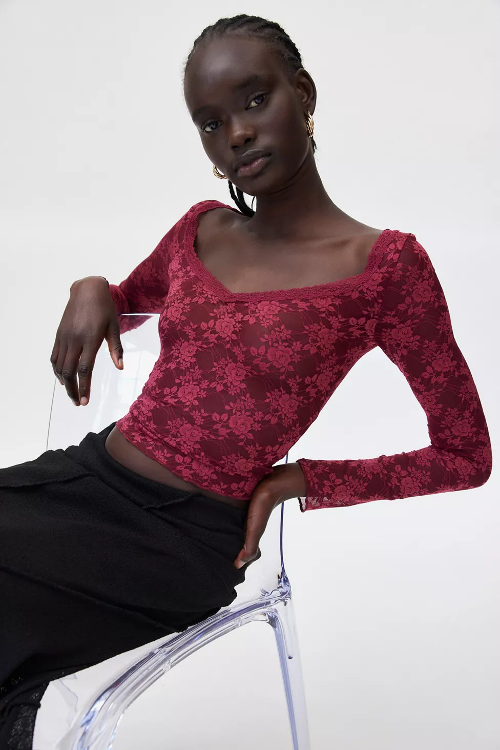 Out From Under Lana Plunge Lace Long Sleeve Top | Urban Outfitters (US and RoW)