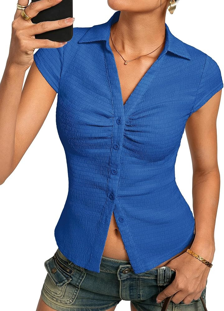 Kate Kasin Women Button Down Blouse, V-Neck Ruched Tops with Y2K Collar, Slim Fit Cap Sleeve Busi... | Amazon (US)