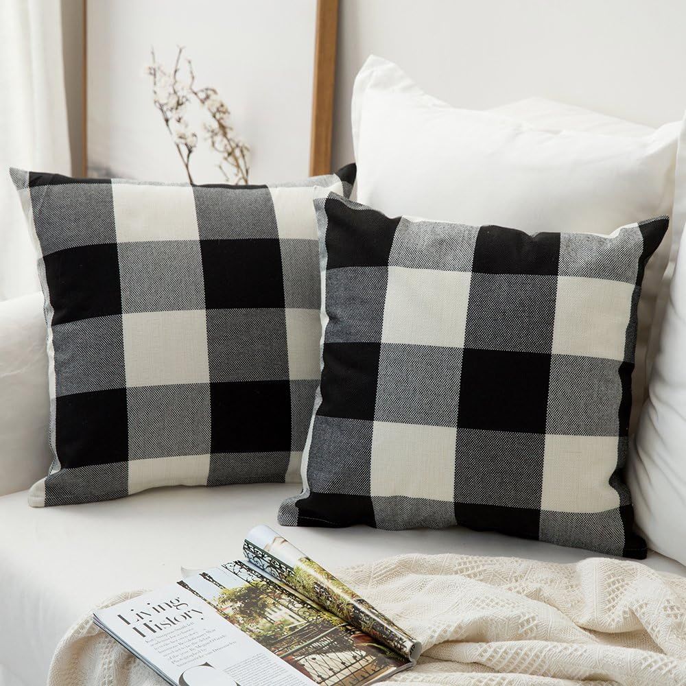 MIULEE Pack of 2 Classic Retro Checkers Plaids Cotton Linen Soft Solid Black and White Decorative... | Amazon (US)