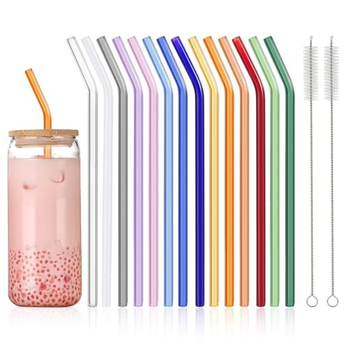 14 Pcs Reusable Bent Colorful Glass Straws,9''x8 mm Shatter Resistant Cute Drinking Straws with 2 Cleaner Brush for Coffee,Juice,Cocktail,Teas,Beverages | Amazon (US)