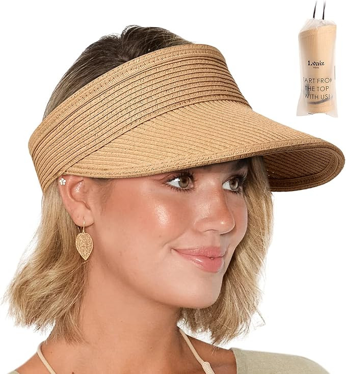 Womens Sun Visor Hat Packable Beach Sun Straw Roll Up Wide Brim Cap Foldable UPF 50+ Summer Hats | Amazon (US)