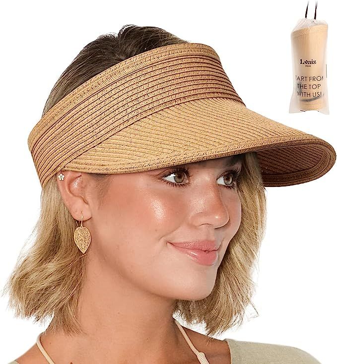 Womens Sun Visor Hat Packable Beach Sun Straw Roll Up Wide Brim Cap Foldable UPF 50+ Summer Hats | Amazon (US)
