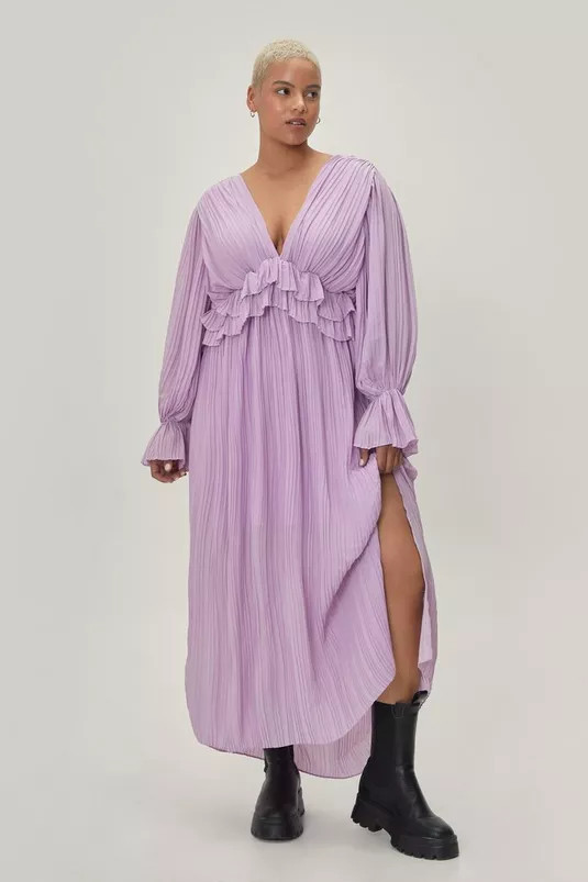 Plus Size Frill V Neck Pleated Maxi Dress | Nasty Gal (US)