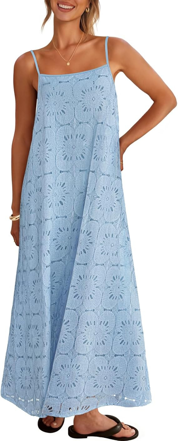 MEROKEETY Women's Summer Spaghetti Straps Sundress 2026 Casual Sleeveless Floral Lace Eyelet Boho... | Amazon (US)