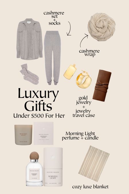 Luxury Gifts Under $500 For Her - luxury to live in @brochuwalker #brochuwalker #ad

Gift guide 
Gift guide for her
Holiday 
Cozy cashmere loungewear set and socks 
Cashmere wrap scarf
Gold jewelry and travel case 
Morning light perfume 
Morning light candle 
Cozy wool blanket 

#LTKGiftGuide #LTKHoliday #LTKbeauty