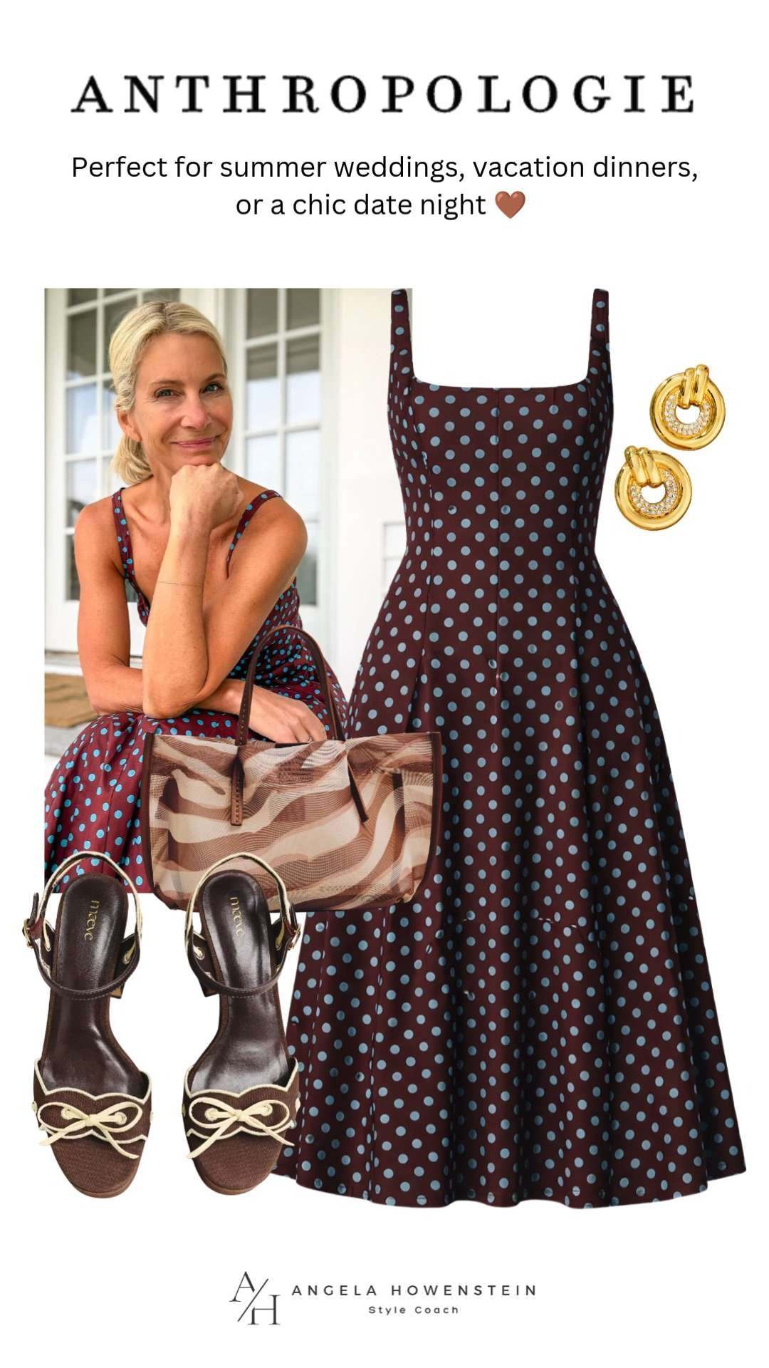 Vacation dinner outfit 🤎 This polka dot midi dress is giving effortless elegance for summer weddings, date nights, and resort evenings. 

 #LTKootd #LTKSeasonal #LTKOver40