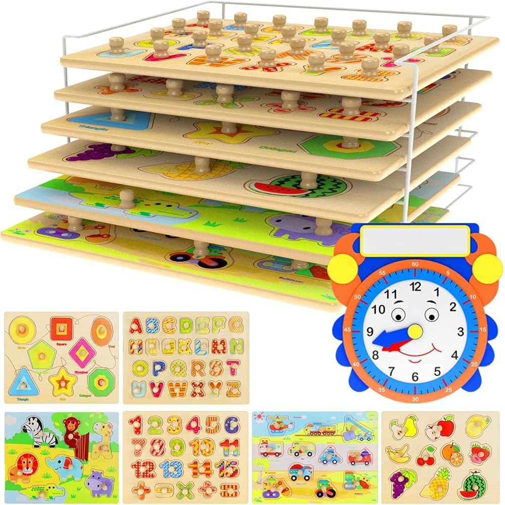 Premium Puzzles for Toddlers and Rack Set - (7 Pack) Includes 1 Learning Clock - 6 Alphabet, Numb... | Amazon (US)