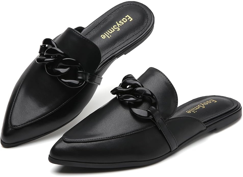 Metal Chain Decor Flat Mules for Women Closed Pointed Toe Slip on Loafers Slides Backless Mules S... | Amazon (US)