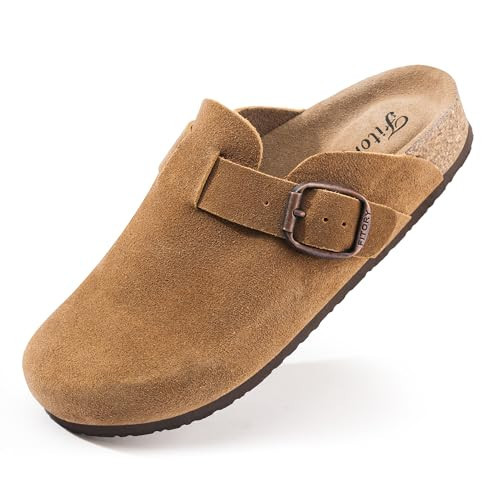 FITORY Womens Clogs Slip-on Potato Shoes Leather Mules with Suede Cork Footbed Brown Size 10 | Amazon (US)