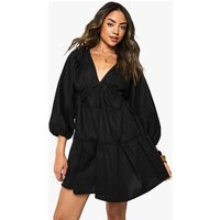 boohoo Women's Cotton Poplin Ruched Balloon Sleeve Smock Dress in Black | Size: 10 | Denim/Cotton/Elastane | boohoo (US & Canada)