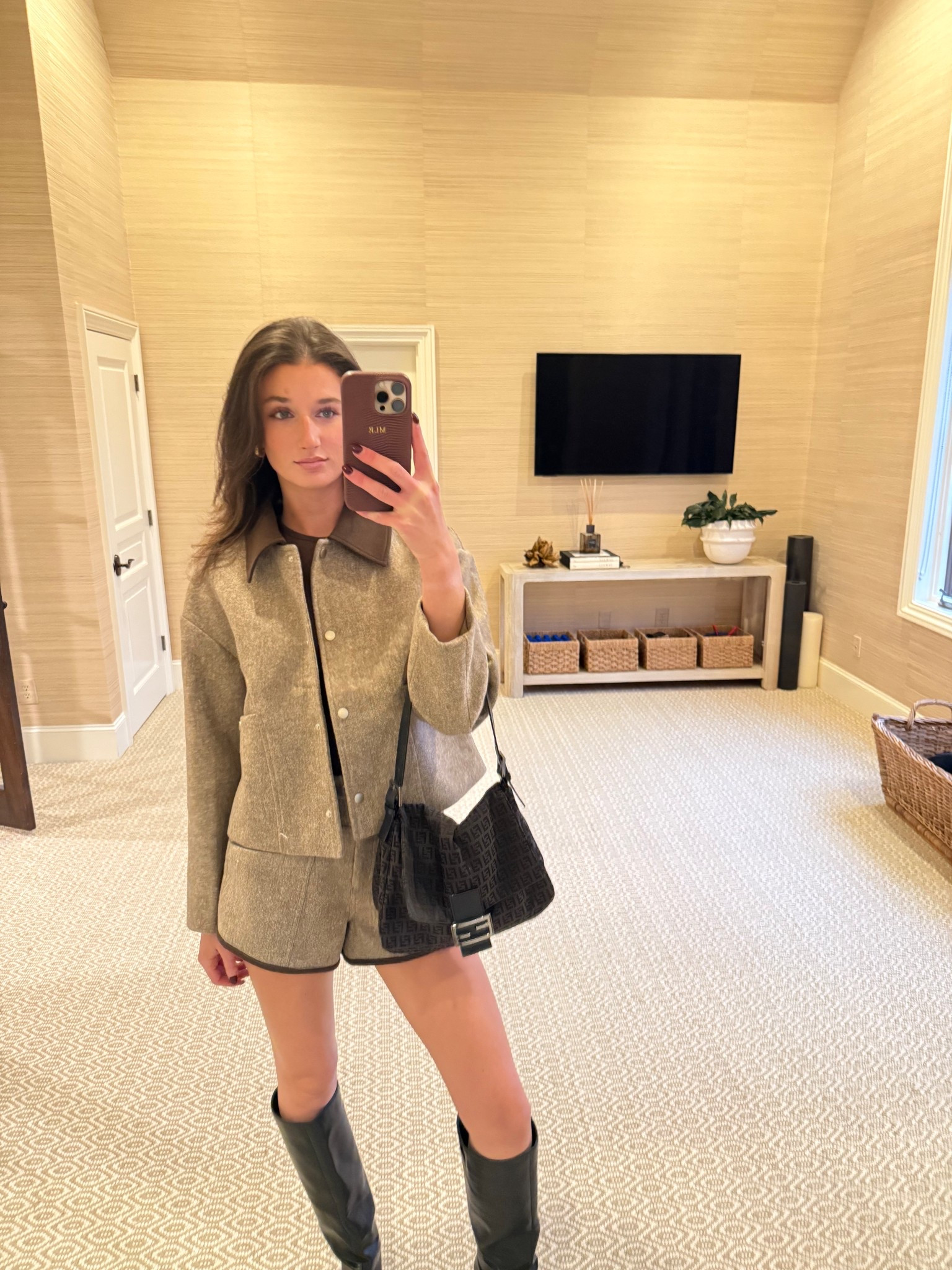 Brown shorts and brown jacket matching set. Revolve. Amazon brown tee. Black leather boots. Winter outfit. Fall outfit. Vacation outfit. Dinner outfit. Gameday outfit. Daytime outfit. Inserif burgandy phone case. Affordable fahion

#LTKTravel #LTKootd #LTKTall