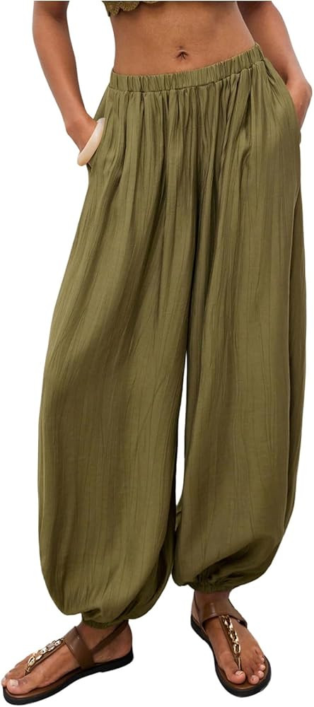 Verdusa Women's Textured Balloon Pants Bohemian Wide Leg Pants Low Waist Trousers with Pockets Army Green X-Small at Amazon Women\u2019s Clothing store | Amazon (US)