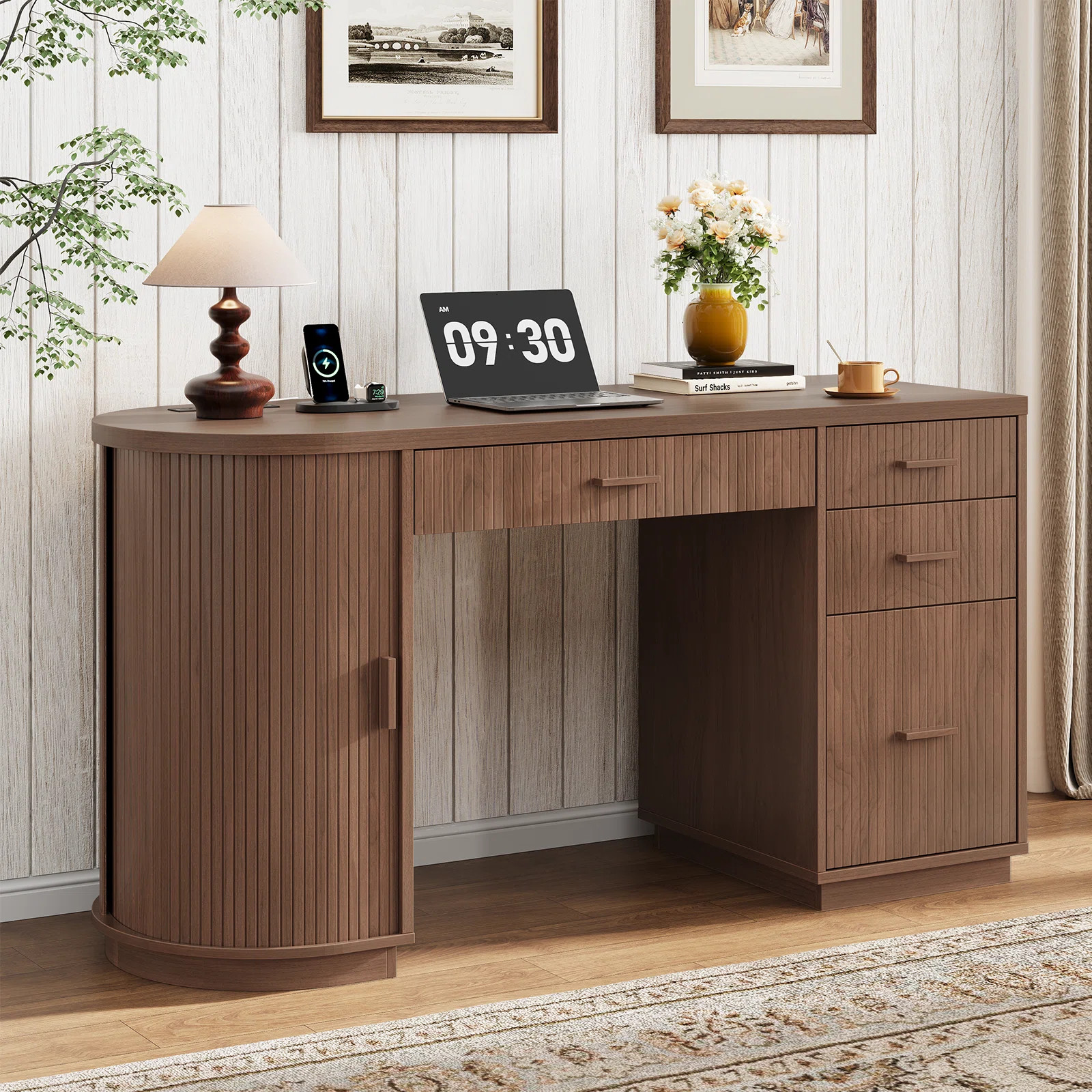 57.9'' Mid-Century Executive Desk With Drawers, File Cabinet And Power Outlet, Home Office Comput... | Wayfair North America