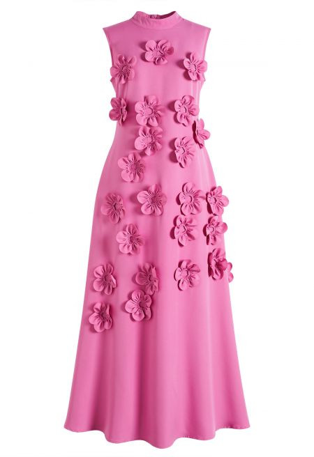3D Floral Applique Tie Back Sleeveless Maxi Dress in Hot Pink for Wedding Receptions & Cocktail P... | Chicwish