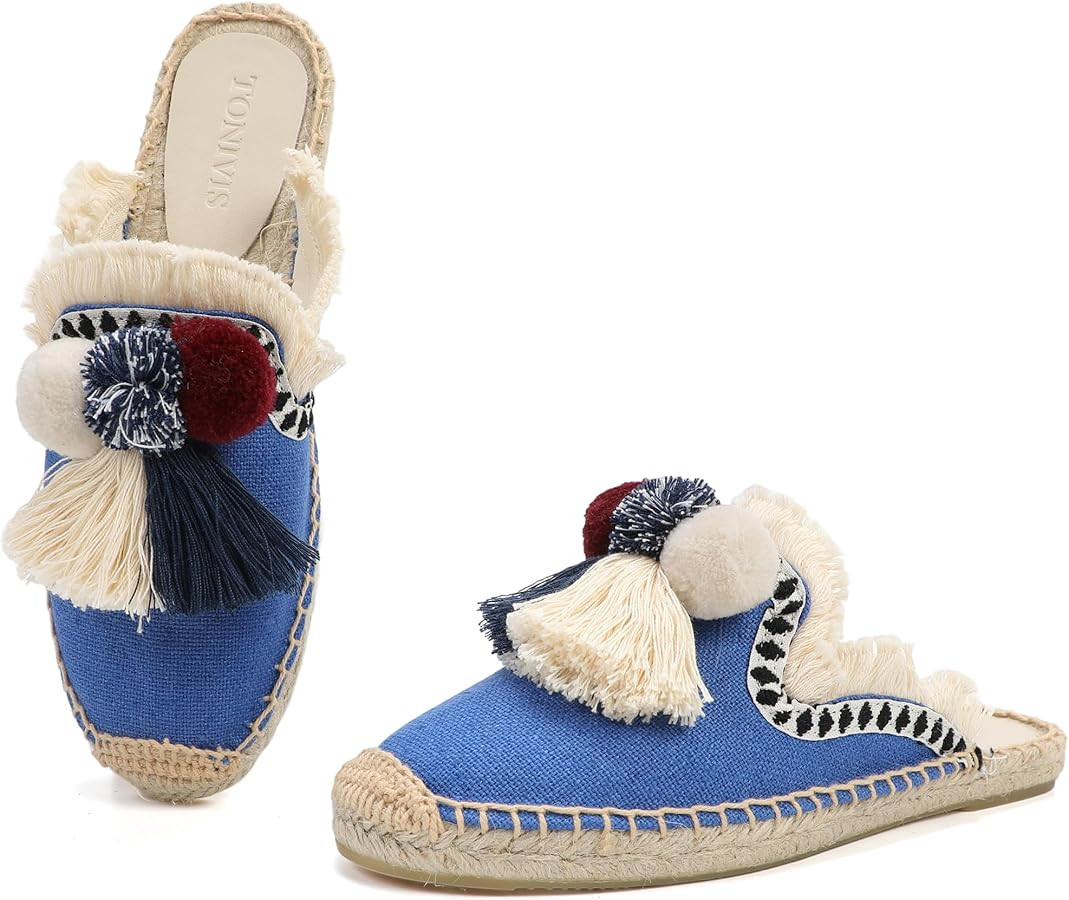 Women's Mule Flat Shoes with Tassel & Pompom, Espadrilles Slides Backless Slipper Slip on Shoes | Amazon (US)