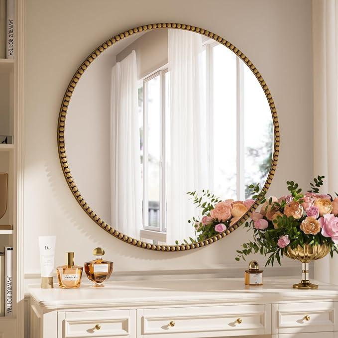 28 Inch Round Bathroom Mirror - Luxurious Retro Beaded Circle Decorative Wall Mirror with PU Fram... | Amazon (US)