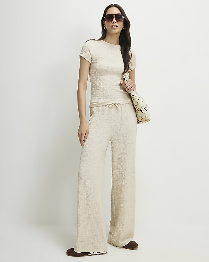 Beige Textured Fitted T-Shirt | River Island UK & IE
