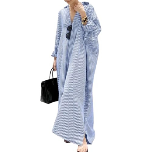 YINGLOP Women's Striped Dolman Batwing Sleeve Shirt Dress Plus Size Cotton Linen Button Down Blouse Dress Blue 2XL | Amazon (US)