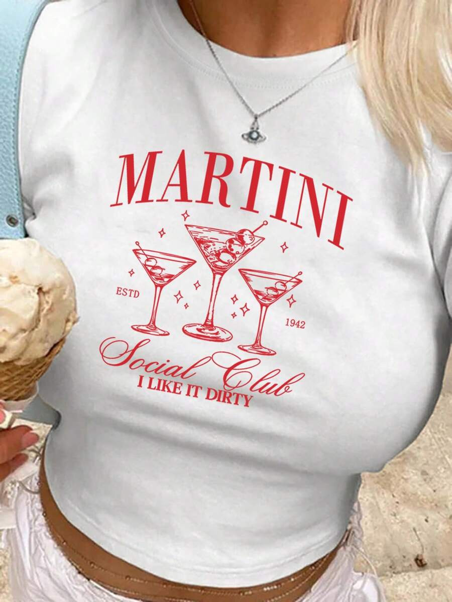 SHEIN EZwear Women's Summer White Cocktail Martini Short Sleeve Cropped T-Shirt | SHEIN