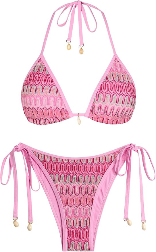 ZAFUL Women's Colorblock Stripes Triangle Halter Tied Cheeky Thong Bikini Set High Cut Two Piece ... | Amazon (US)