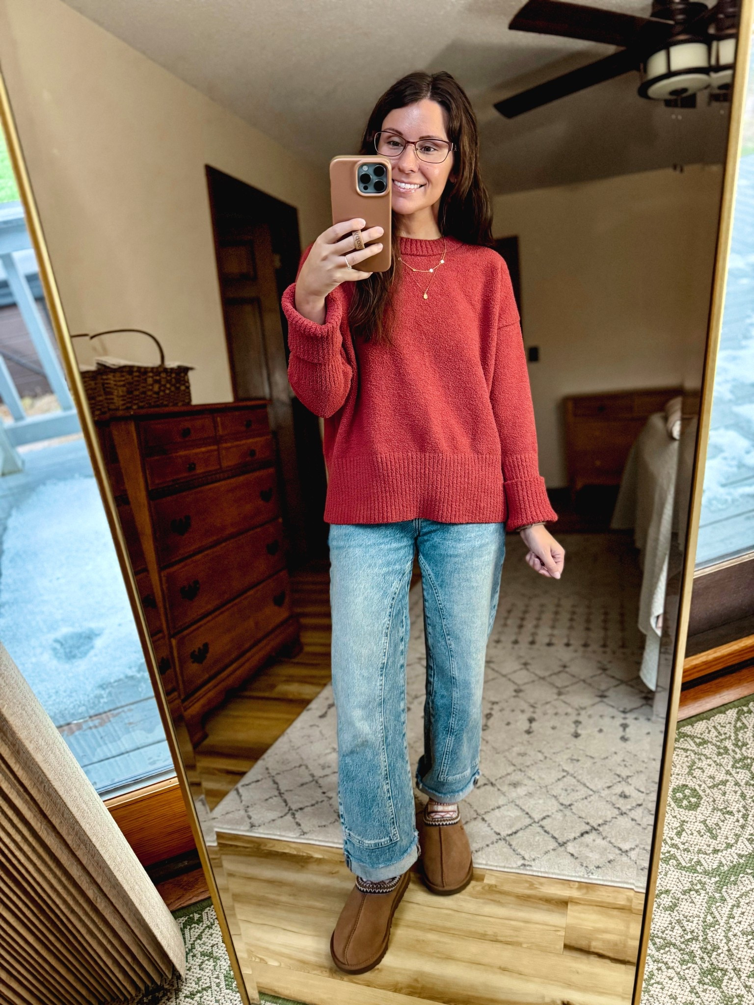 Wearing xs in this sweater (rust color—it’s more coral in person) , 24 short in these jeans (short is sold out but regular is stocked), and my true size 6 in these ugg tasmansTasmans. 

#LTKPetite #LTKootd #LTKFindsUnder100