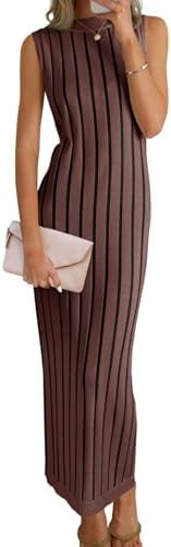 Wenrine Womens Sleeveless Sweater Dress Mock Neck Ribbed Knit Fall Tank Maxi Dresses | Amazon (US)
