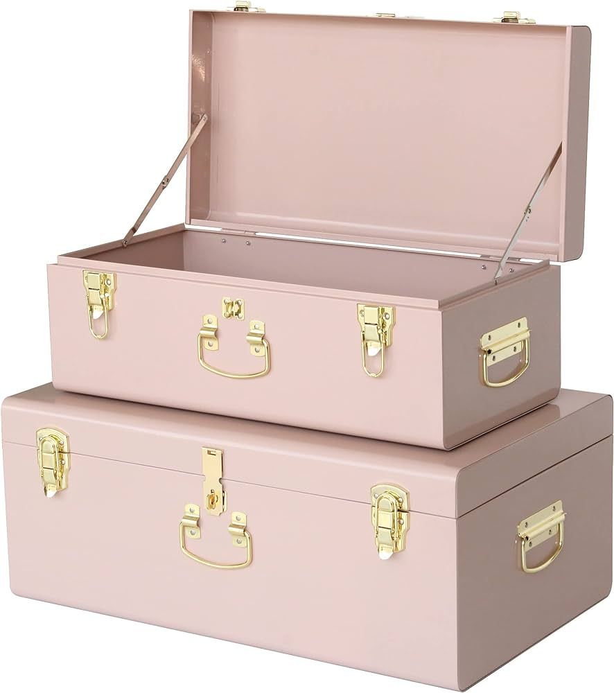 Vixdonos Decorative Metal Box Storage Trunks Set of 2 College Dorm Chest with Handle (Pink) | Amazon (US)