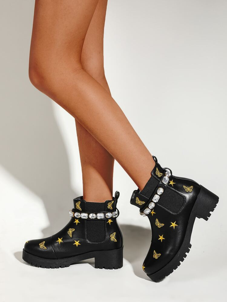 Floral Embroidery Chunky Chelsea Boots | SHEIN